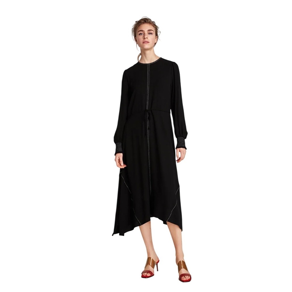 Zara Black Maxi Dress Contrast Topstitch Drawstring Waist Long Smocked Sleeve  L